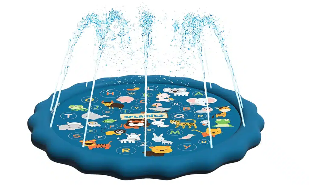 A blue splash pad with sprinkler for young swimmers