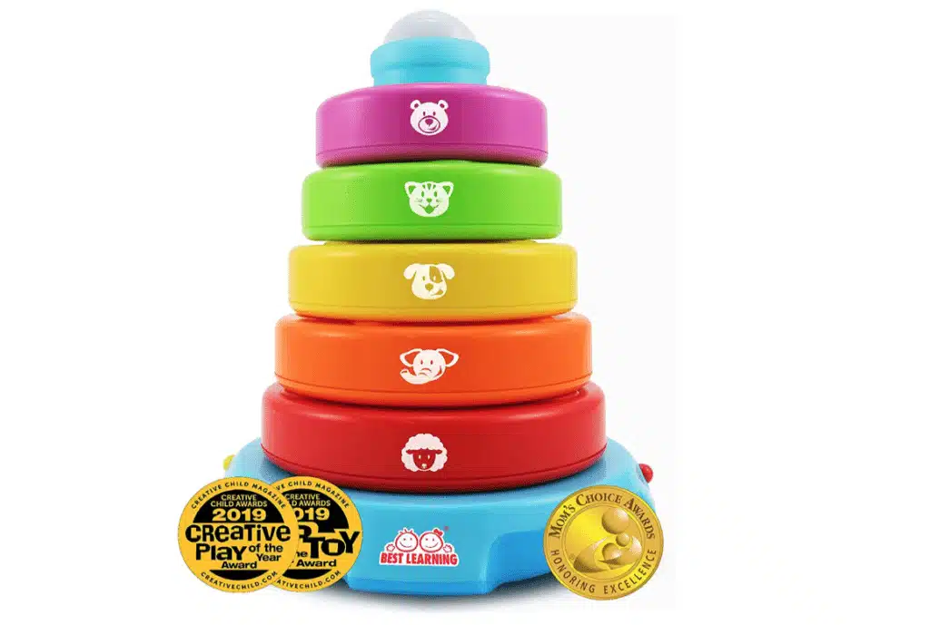 A stacking toy with 5 colorful rings for younger children
