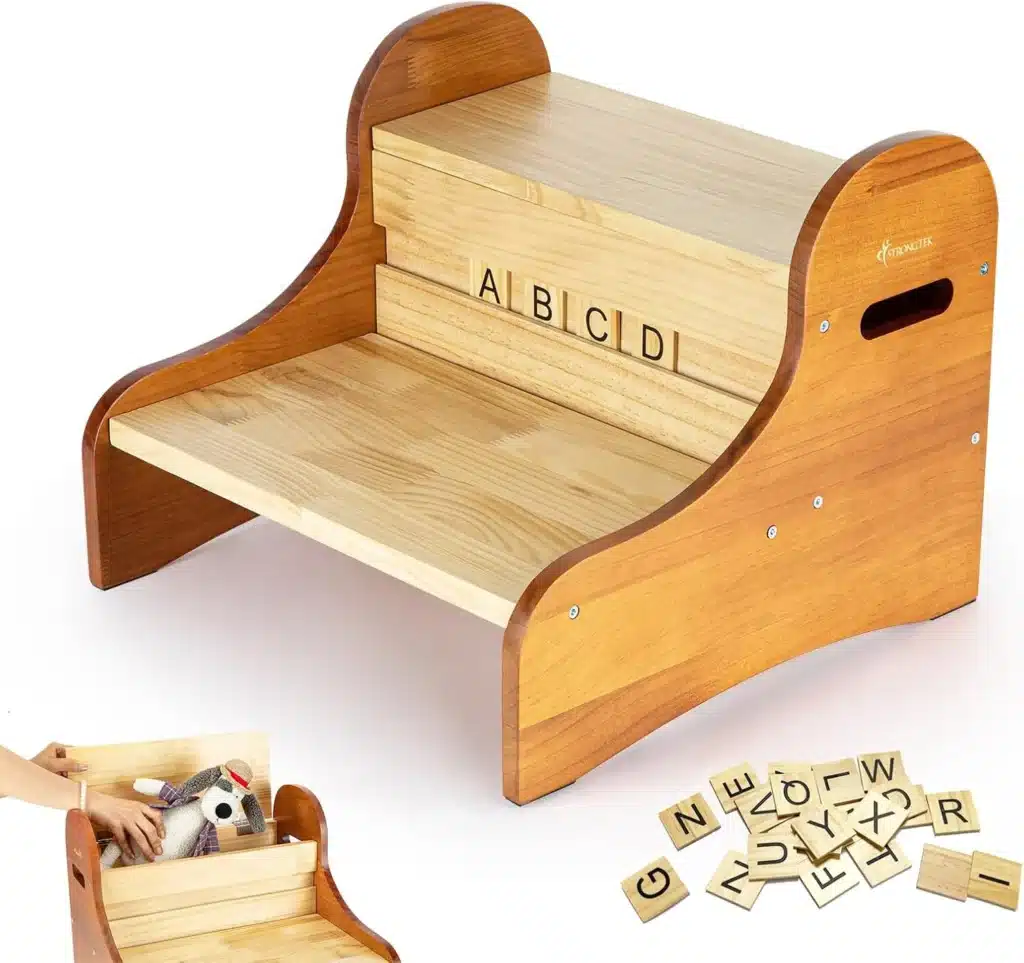 A wooden step stool with compartment for small toys