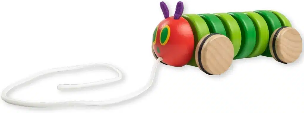 A wooden pull toy that looks like a caterpillar