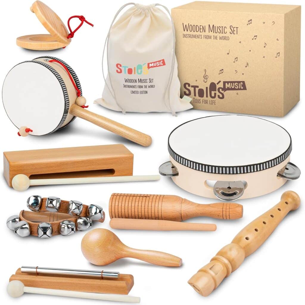 A set of wooden toy set made of maracas, xylophone, flute with box and carry bag