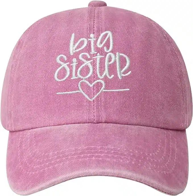 Pink big sister hat with white embroidered Big Sister lettering and heart
