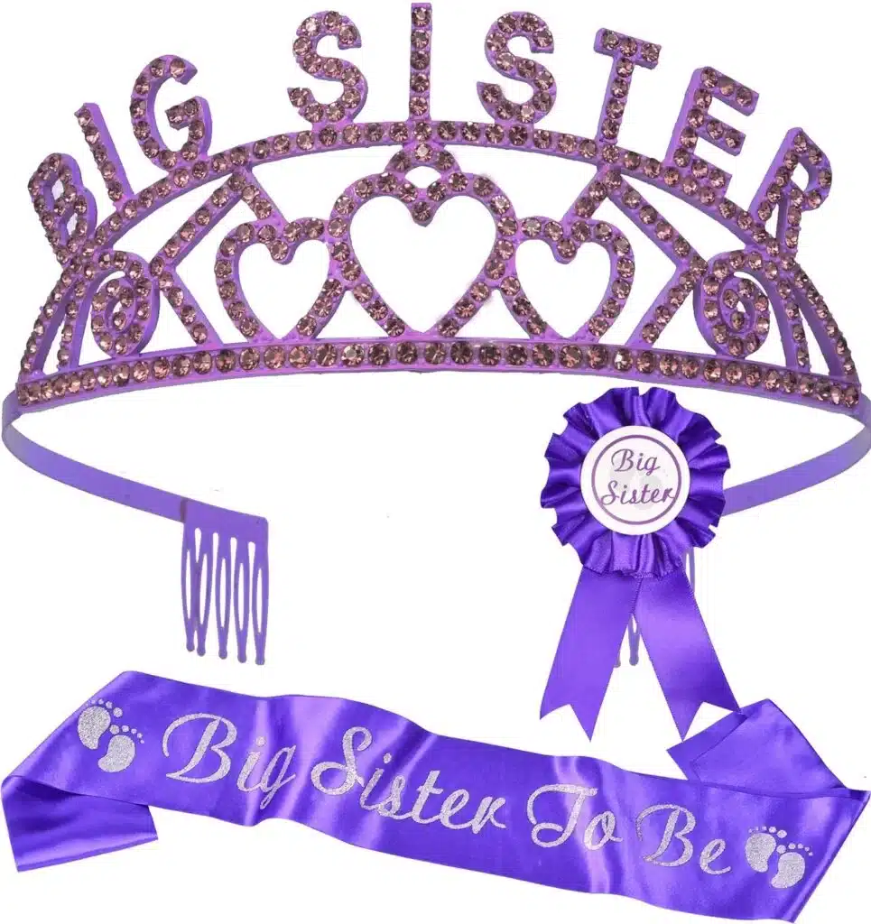 Purple bigsister crown, ribbon and sash that says Big Sister To Be