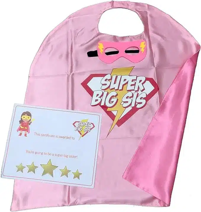 Pink super big sister cape with mask and certificate with thunderbolt design