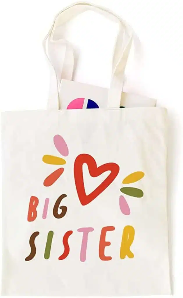 Big sister tote bag with colorful lettering and heart design
