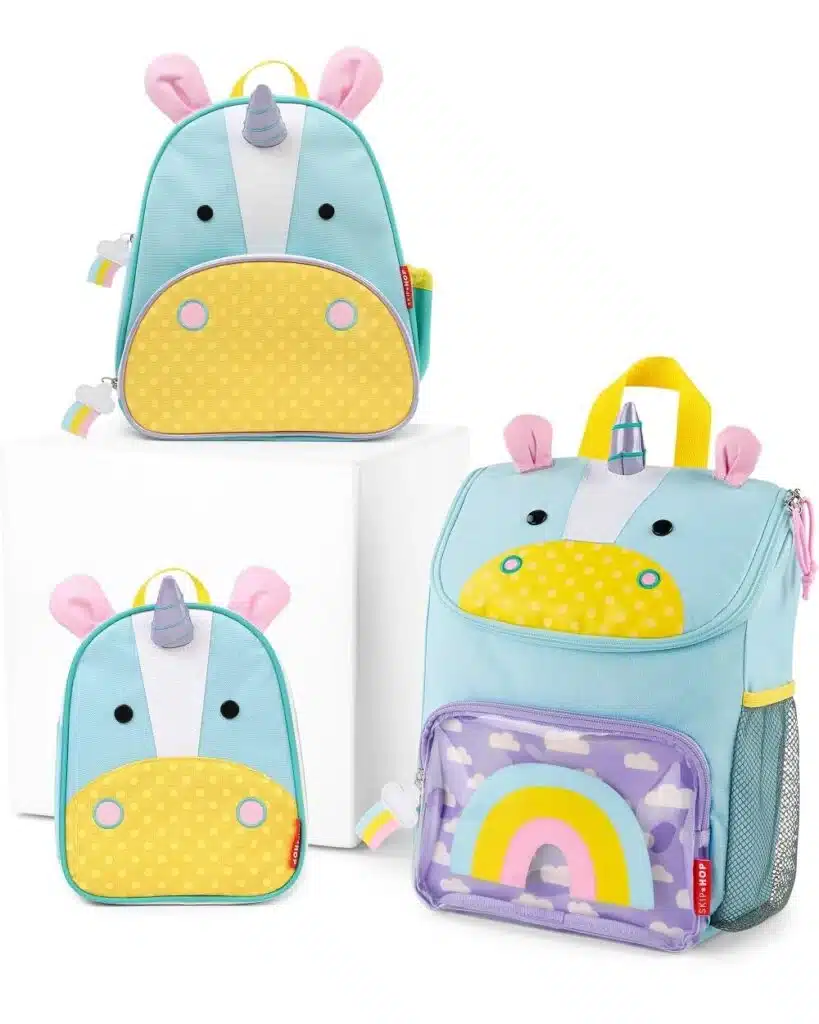 Unicorn backpack used as a mini diaper bag for big sisters