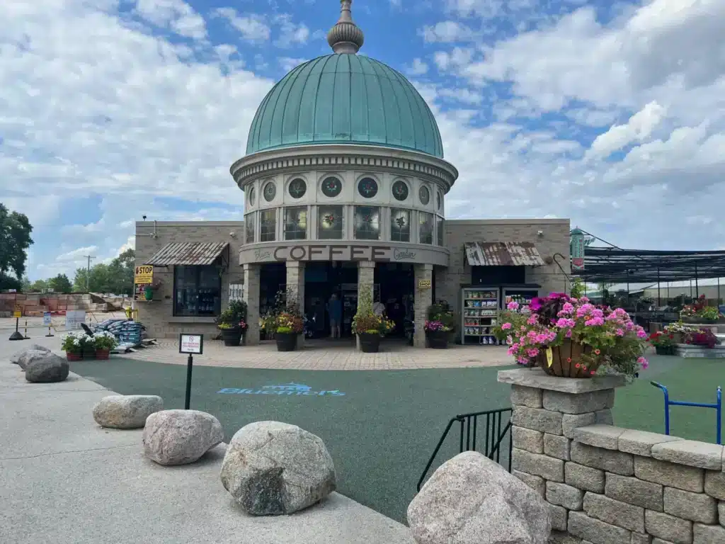 The storefront of Blum Coffee Garden in Greenfield with its green dome roof
