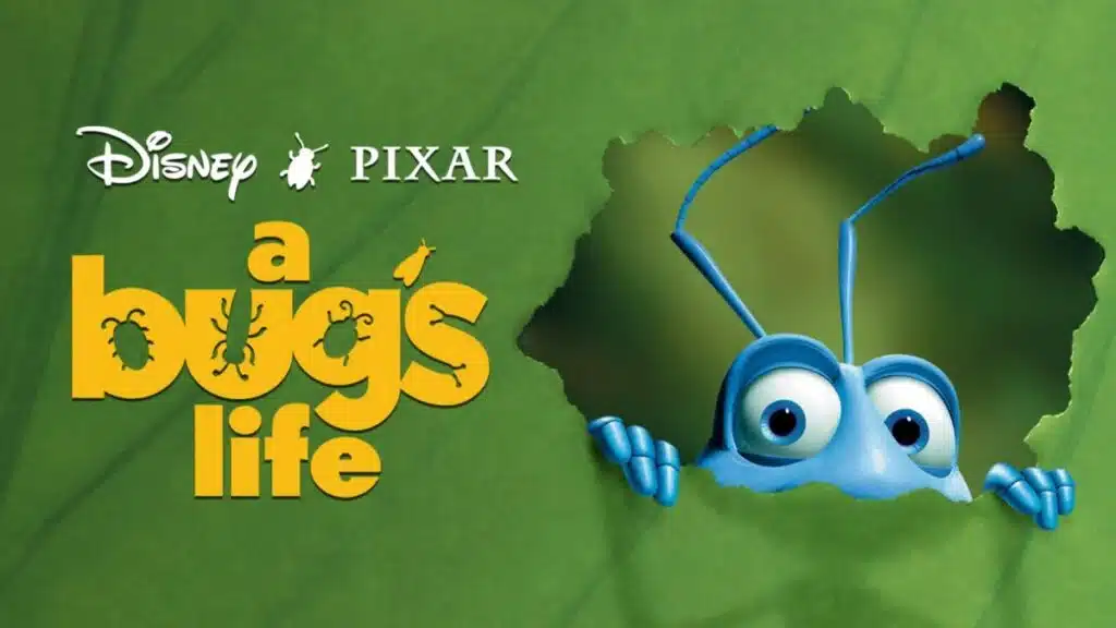 Flik peeks through a green leaf beside the A Bug’s Life logo.