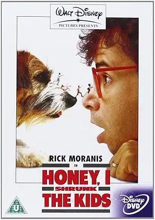 Movie cover of “Honey, I Shrunk the Kids” – sci-fi comedy about shrunken kids encountering giant backyard insects.