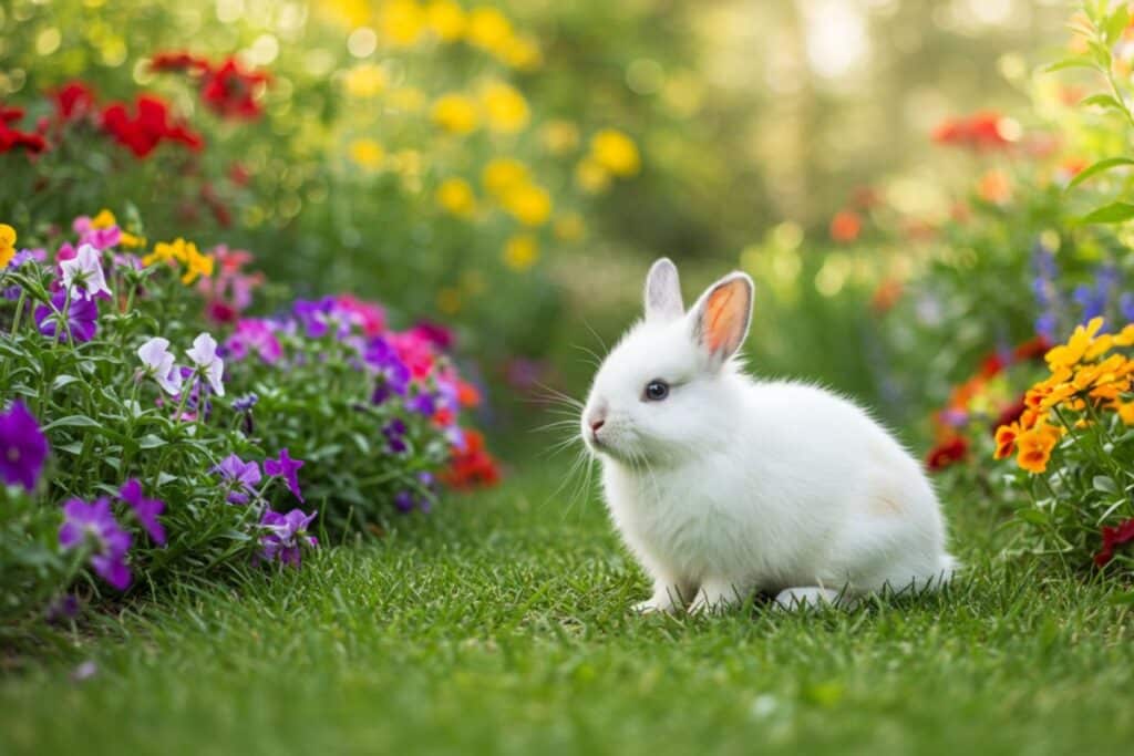 White bunny surrounded by spring flowers — inspiration for cute baby names.