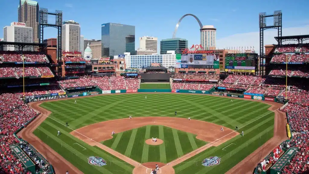 Baseball game at Busch Stadium with St. Louis skyline