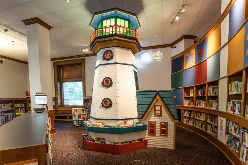 A kid-size playable replica of the North Point Lighthouse inside the Central Library at Betty Brinn Children's Room in Milwaukee