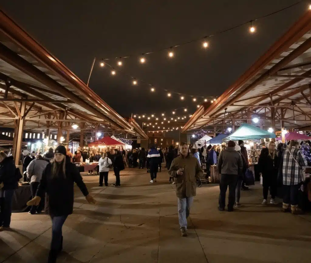 A man walking holding a glass of beer past the canopied stalls and people checking products at a night market 