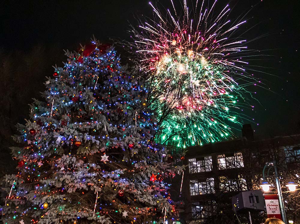 A full-on celebration with fireworks during the tree lighting ceremony at the Christmas in the Ward at Catalano Square.