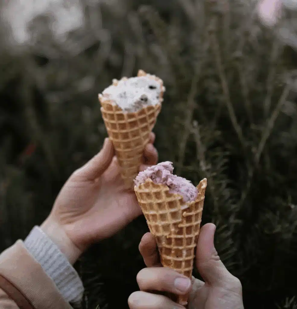 Two hands each holding an ice cream on a cone with a Christmas tree at the Joy Tree Lot in Wauwatosa