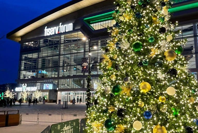 A Christmas tree decorated with lights and balls after the City of Milwaukee Christmas Tree Lighting 