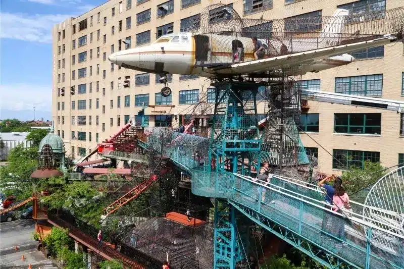 Kids climbing outdoor structures at City Museum in St. Louis