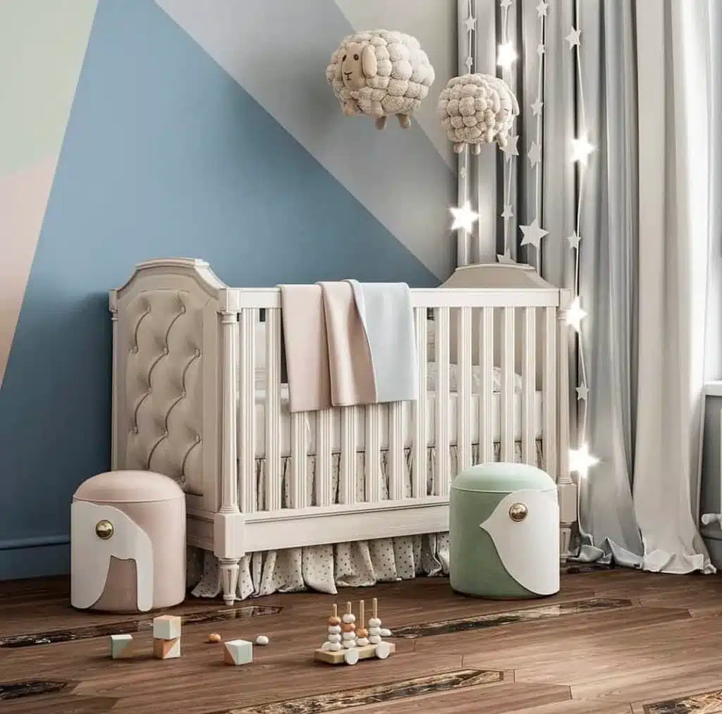 Counting sheep gender-neutral nursery with plush decor and wooden floors