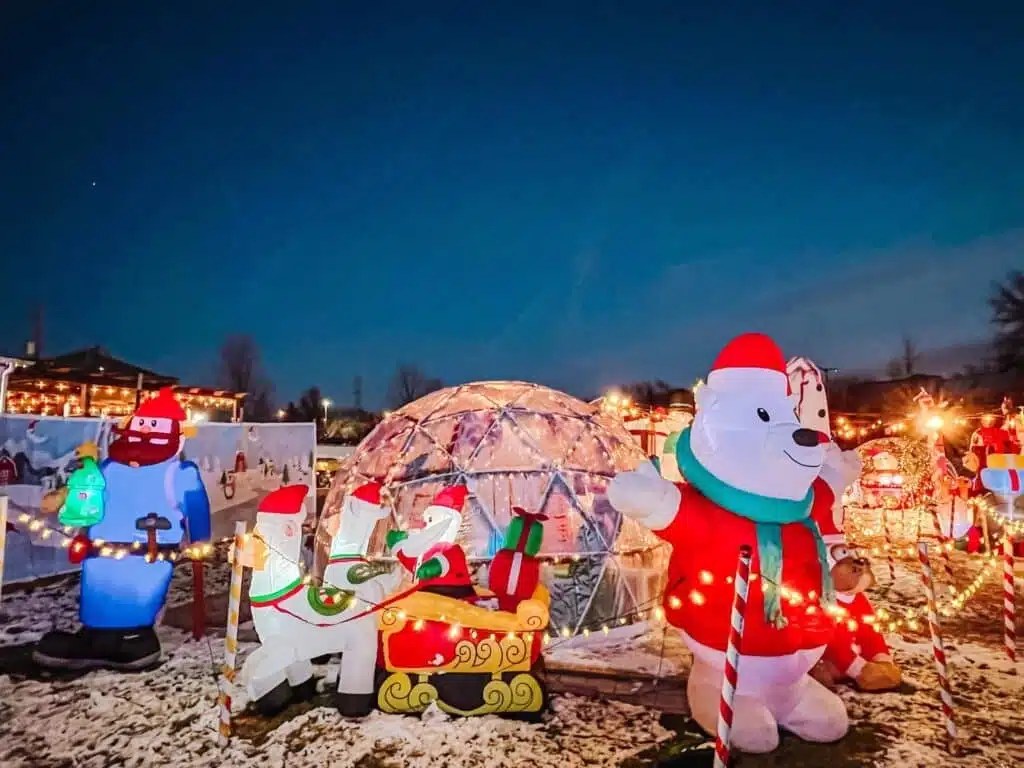 Festive Christmas display with glowing lights, inflatable Santa figures, a polar bear, sleigh, and a clear dome under a night sky.