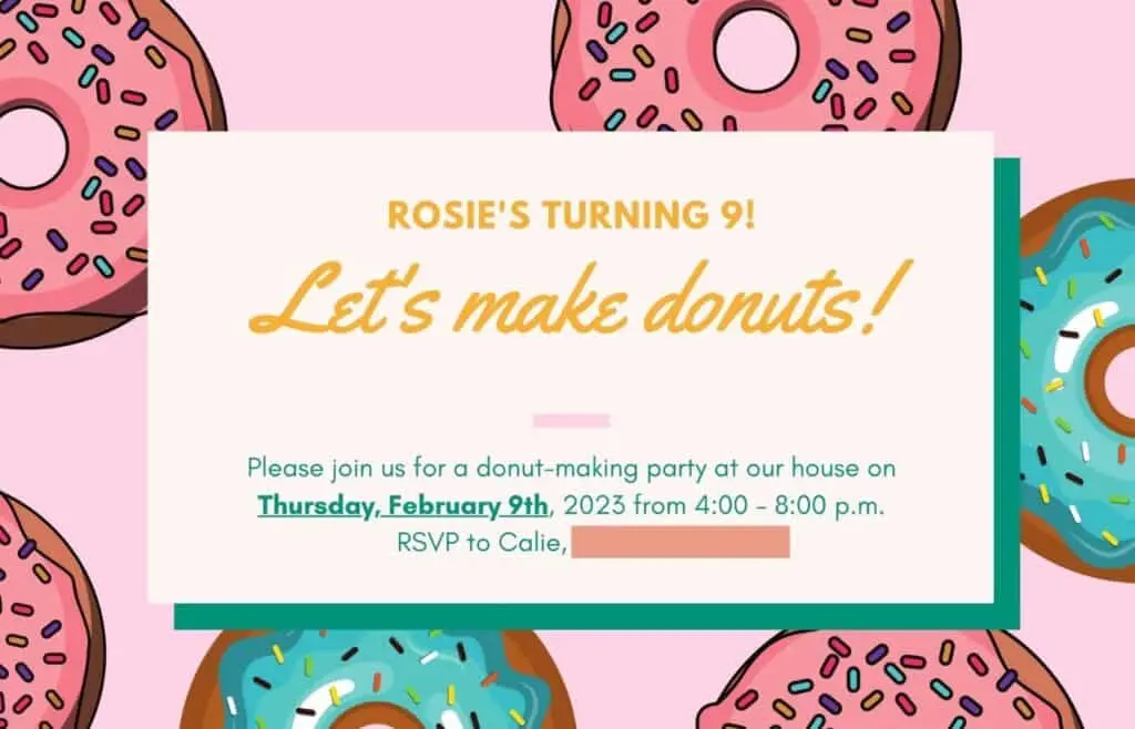 Colorful donut-themed birthday party invitation reading “Rosie’s Turning 9! Let’s make donuts!”