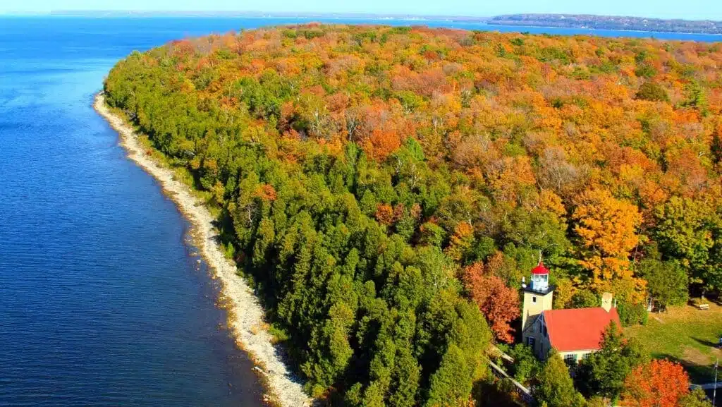 Shoreline of Peninsula State Park in Door County with Eagle Bluff Lighthouse