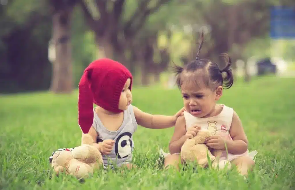 Two toddlers sit in the grass with their stuffed animals. One is crying and the other one has a hand on their shoulder to comfort them.