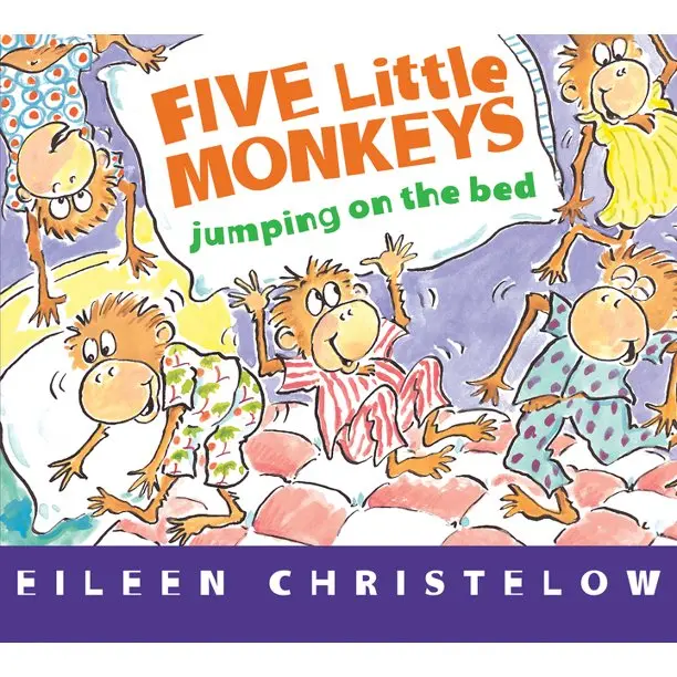 Book cover of “Five Little Monkeys Jumping on the Bed” by Eileen Christelow – playful story teaching safety, listening, and counting through fun monkey antics.