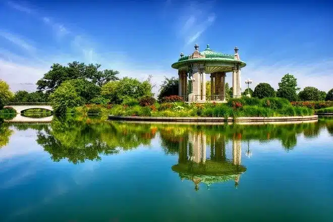 Scenic pavilion and lake inside Forest Park in St. Louis