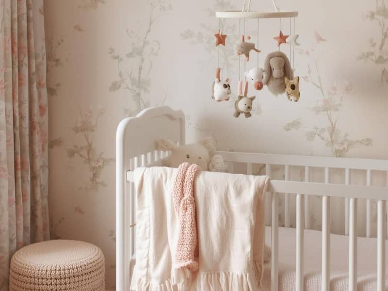 A nursery with a white crib an animal mobile and a soft pink blanket, representing popular French girl names in 2026.