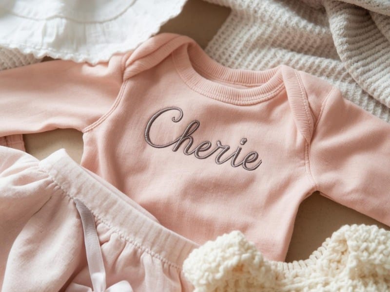 A set of baby clothes with a soft pink onesie with an embroidered Cherie name, representing short French girl names
