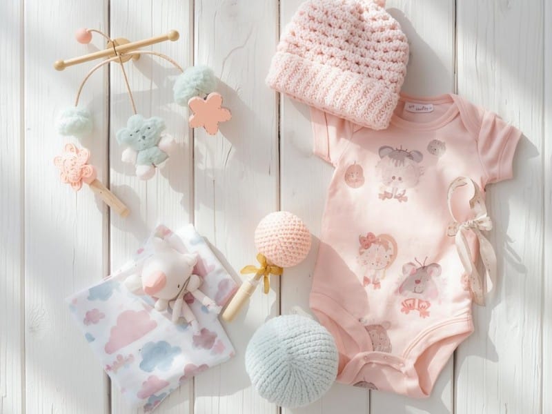 Baby rattle, ball, knitted cap and pink baby onesie lay flat on wooden surface to represent unique French girl names