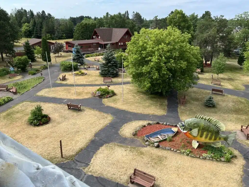 View of the Freshwater Fishing Hall of Fame seen from the top of the muskie sculpture 