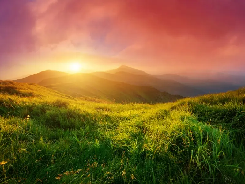 Golden sunrise over a peaceful landscape representing fresh starts.