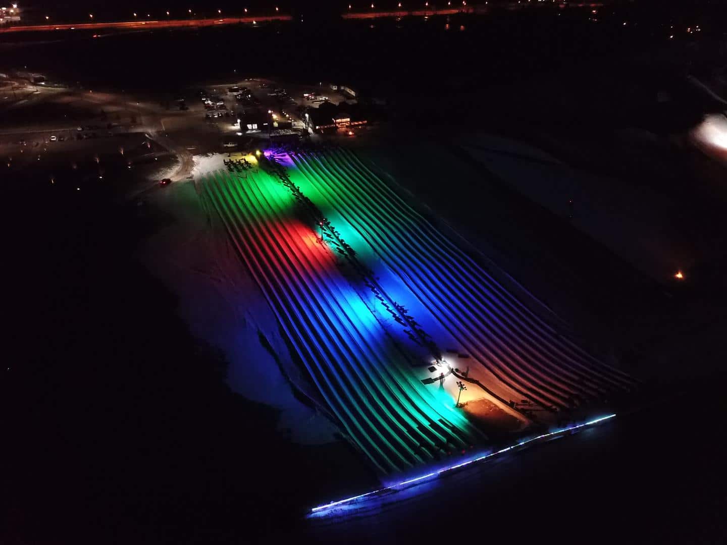 Aerial view of the Crystal Ridge in Franklin with colorful glowing lights