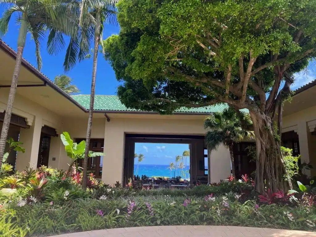Grand Hyatt Kauai lobby overlookiing the beach and a large tree in an inner courtyard