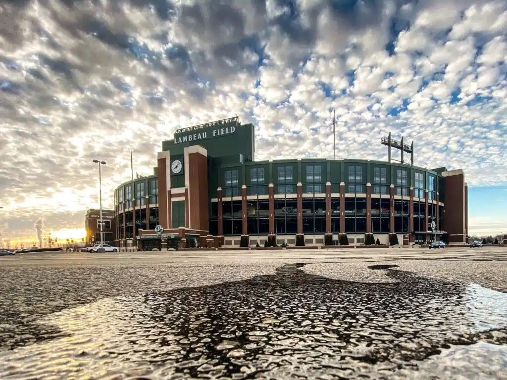 A low-angle shot of Lambeau Field in Green Bay, Wisconsin