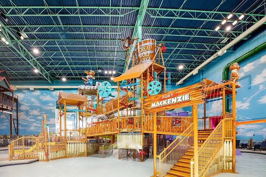 Fort Mackenzie water play structure inside Great Wolf Lodge water park in Gurnee Illinois