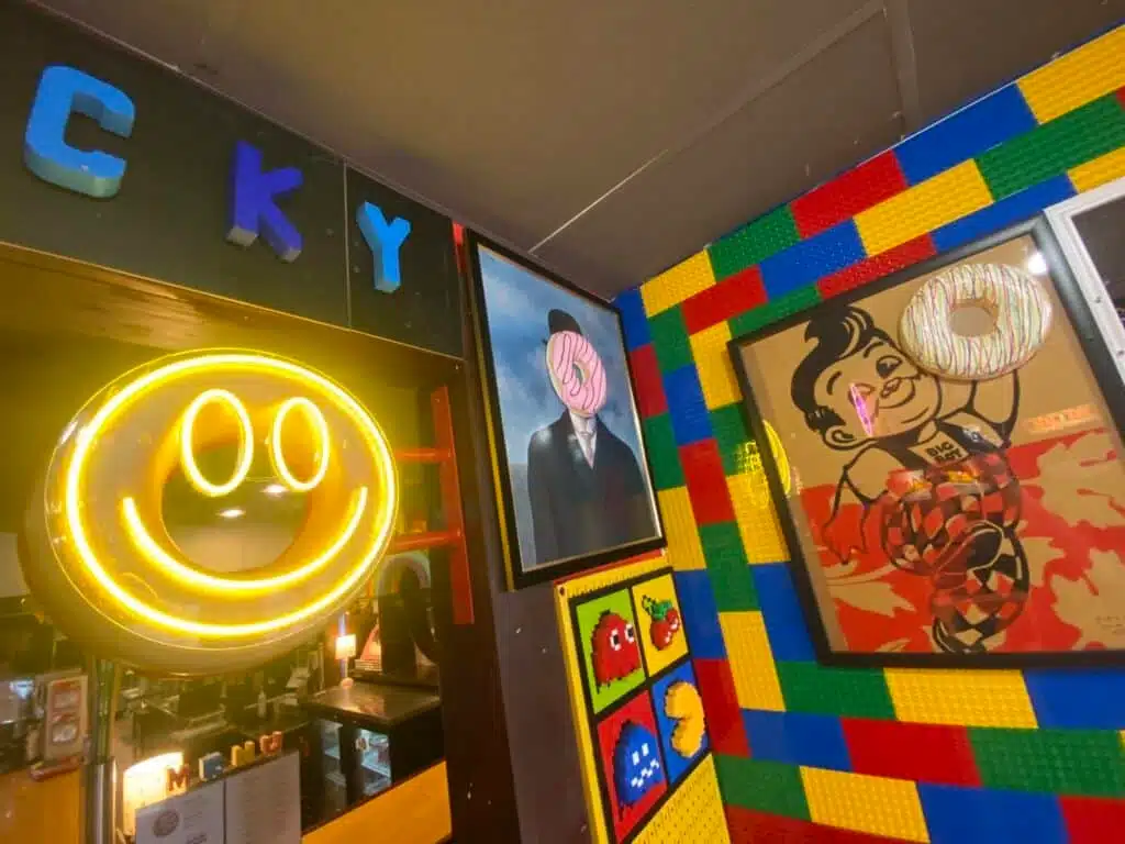 Memorabilia with donut accents and Lego blocks at Happy Dough Lucky