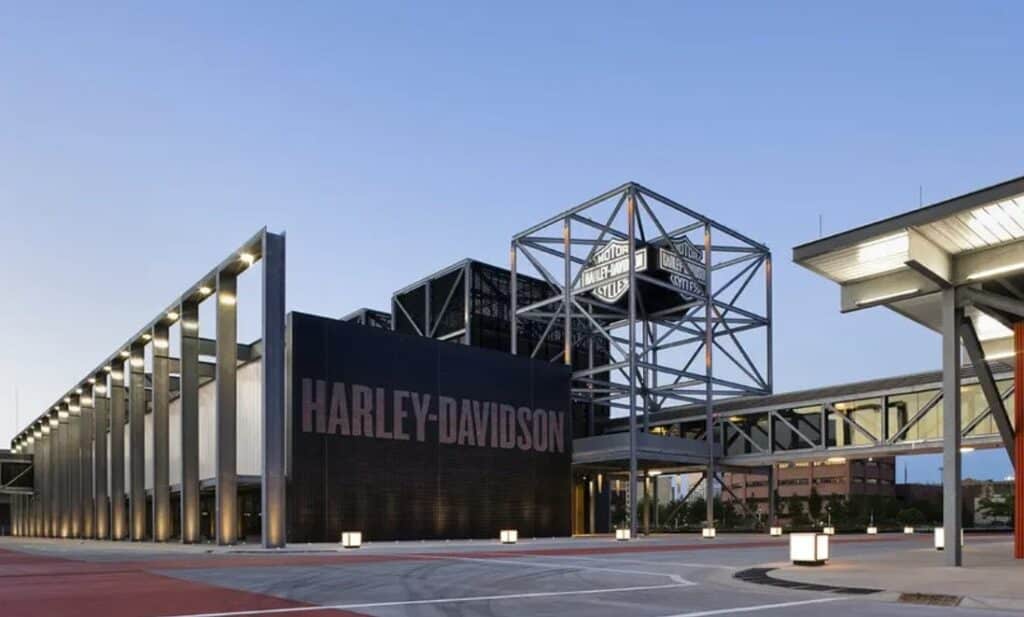 Industrial style front of the Harley-Davidson Museum at Downtown Milwaukee 