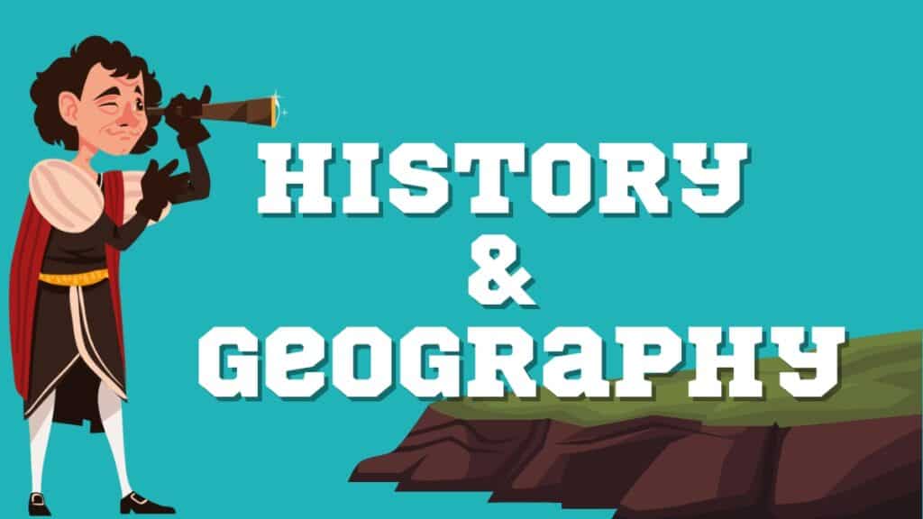 Illustration of Christopher Columbus and land - history and geopraphy trivia for kids