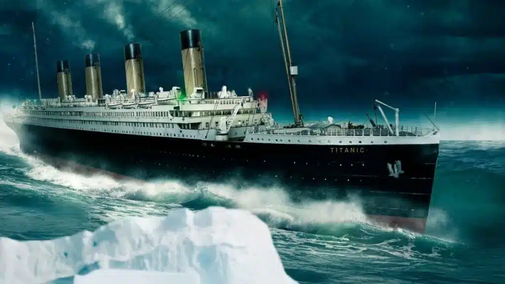 RMS Titanic sailing through dark waters with an iceberg in the foreground.
