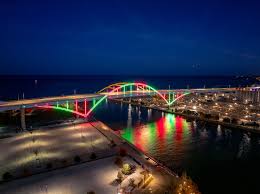 A brightly lit Hoan Bridge during the Hoan for the Holidays event at the Hoan Bridge.