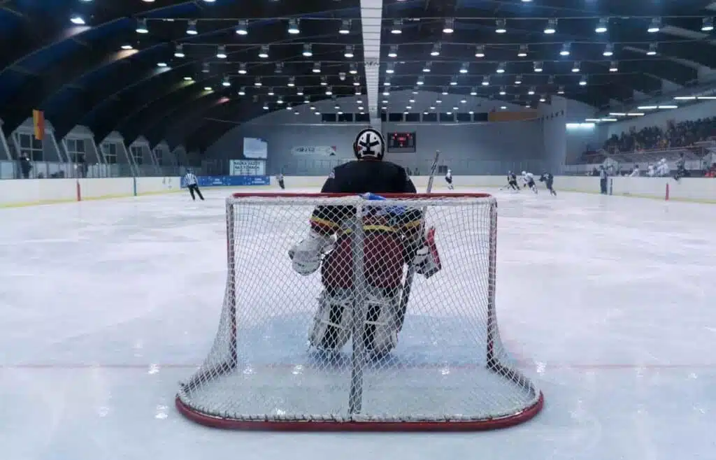 A fully geared ice hockey goalie standing in front of the net as viewed from behind.