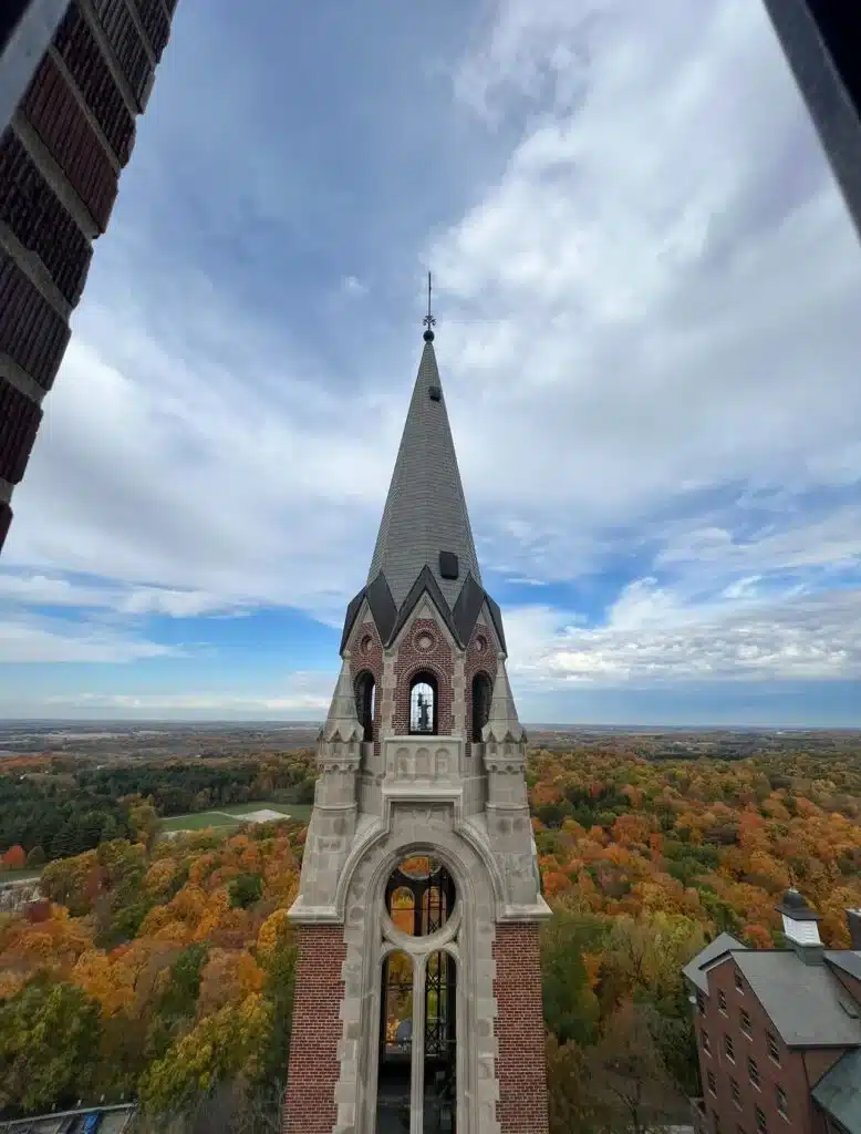 View from one of the towers of Holy Hill Basilica with its brick walls