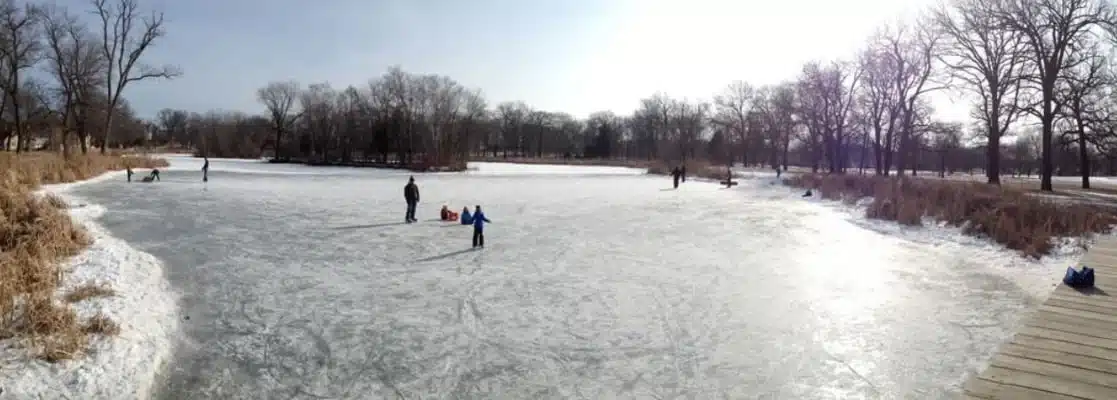 People ice skating on Humboldt Park Lagoon in winter