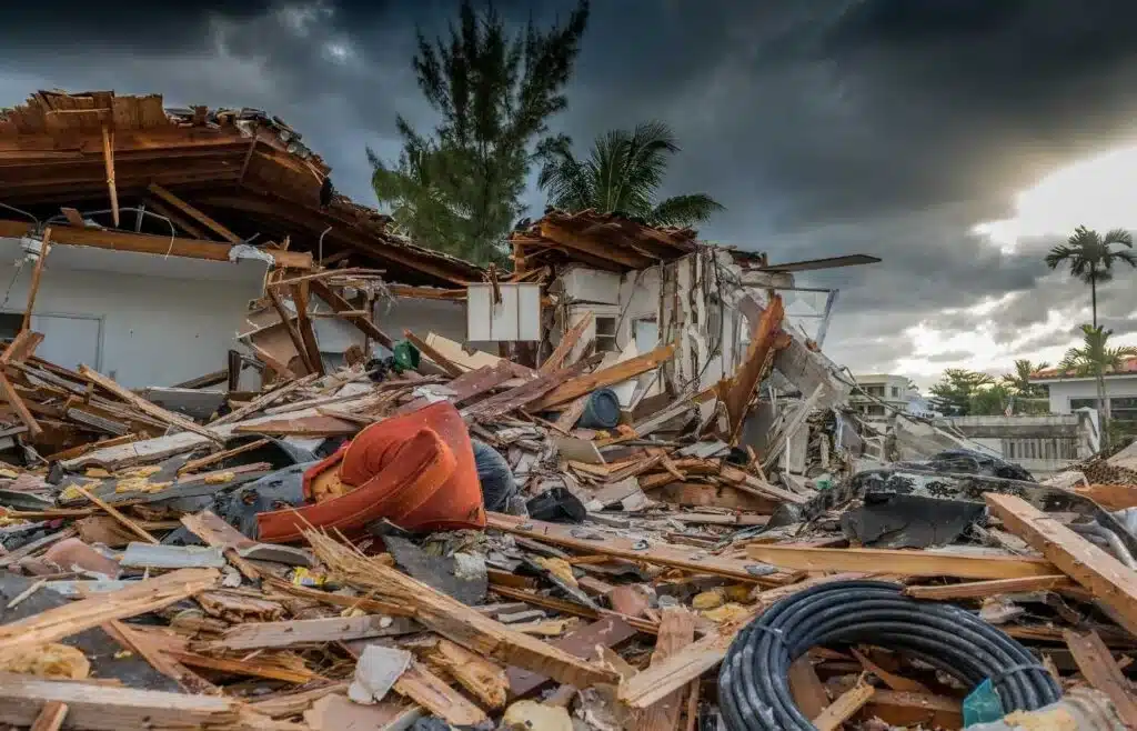 Severe hurricane destruction with a collapsed house and scattered debris.