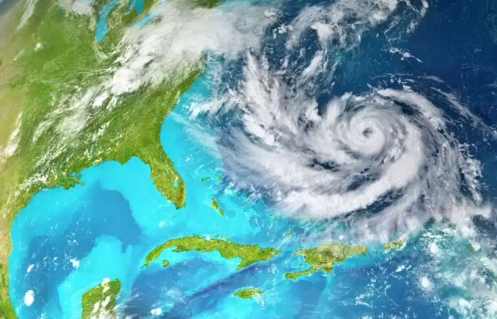Satellite view of a swirling hurricane forming near Florida and the Caribbean.