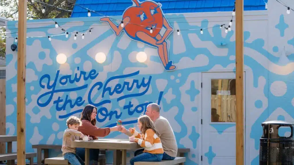 Family enjoying ice cream at the Smiley Barn’s outdoor seating area in Delafield.