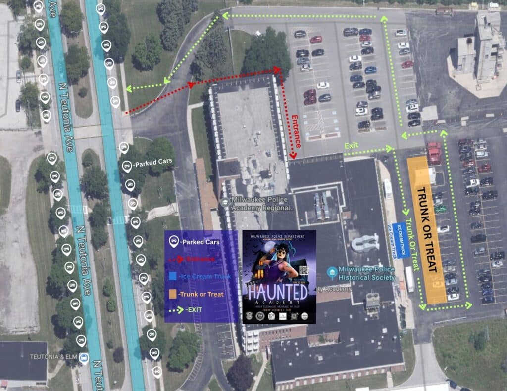 Aerial view of map of Haunted Academy haunted house, hosted by Milwaukee Police Department in Milwaukee, WI