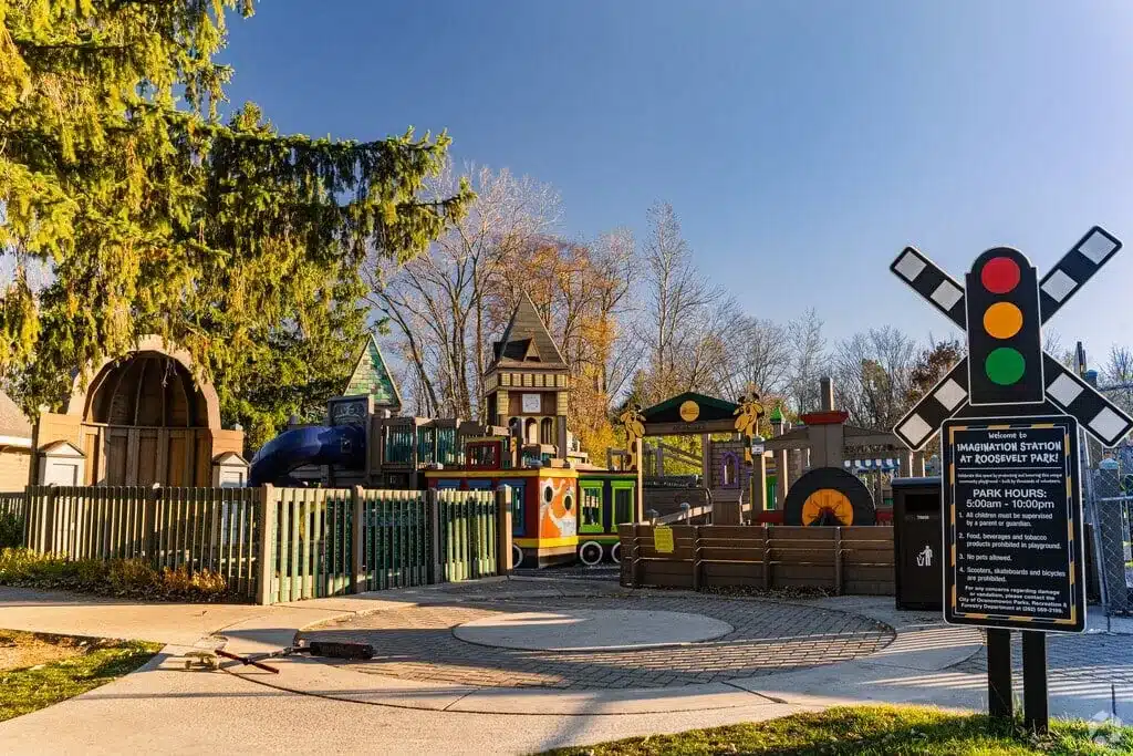 Train-themed inclusive playground at Imagination Station in Roosevelt Park, Oconomowoc